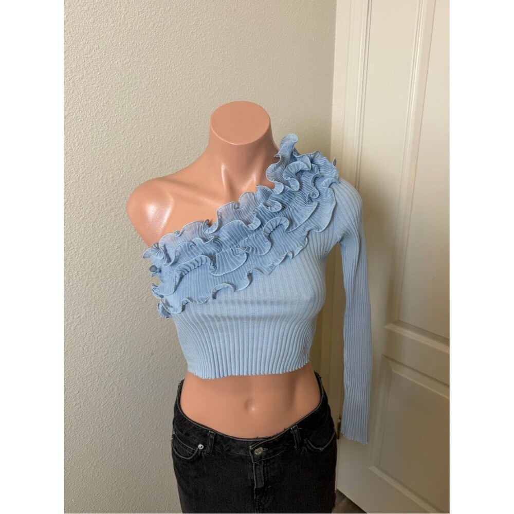 Zara Light Blue One-Shoulder Ruffle Crop Top Sz S